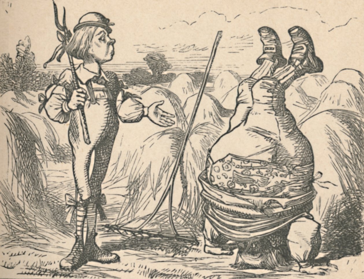El joven hablando con su padre, quien está haciendo una parada de manos de John Tenniel
