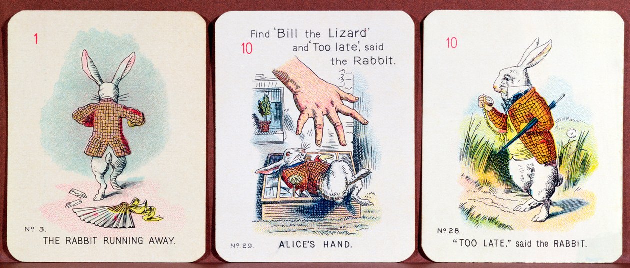 Tres cartas de la familia feliz que representan personajes de Alicia en el País de las Maravillas por Lewis Carroll de John Tenniel