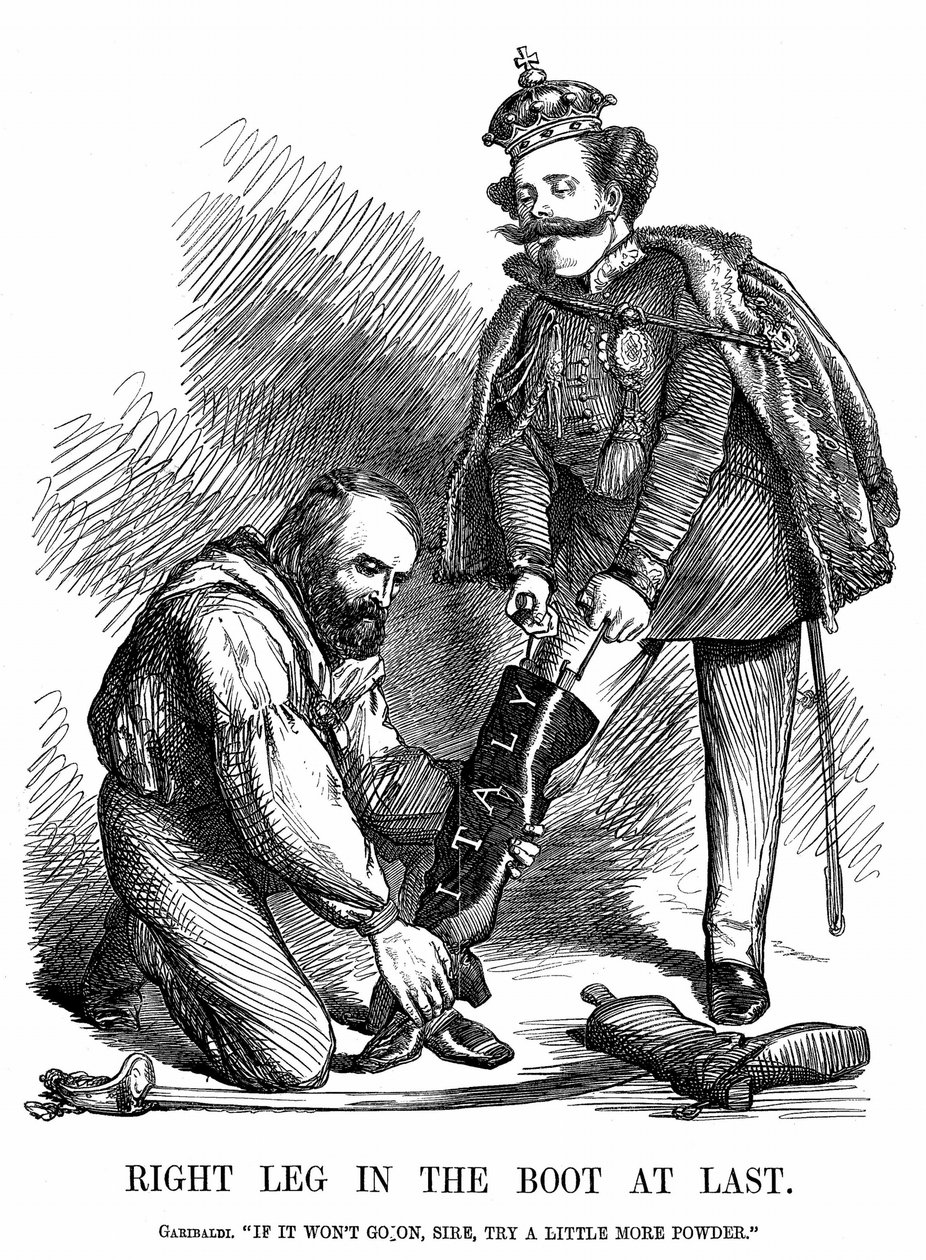 Unificación de Italia: Giuseppe Garibaldi ayudando a Víctor Manuel II a ponerse la bota de Italia. Caricatura de John Tenniel para Punch, Londres de John Tenniel