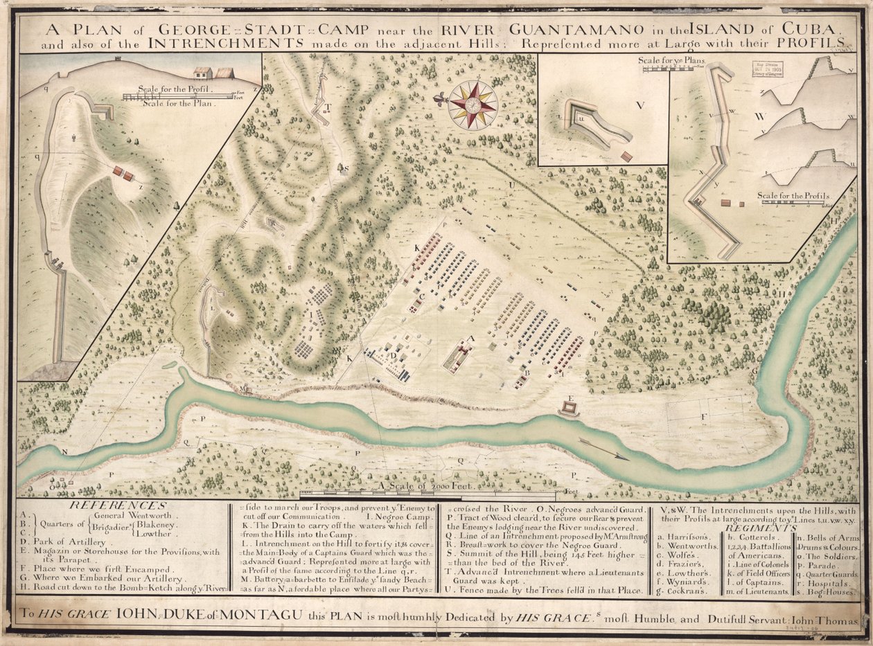 Un plano del campamento de George Stadt cerca del río Guantamano en la isla de Cuba y también de las intrincaciones hechas en las colinas adyacentes, representadas más en grande con sus perfiles LOC 2010592464 de John Thomas