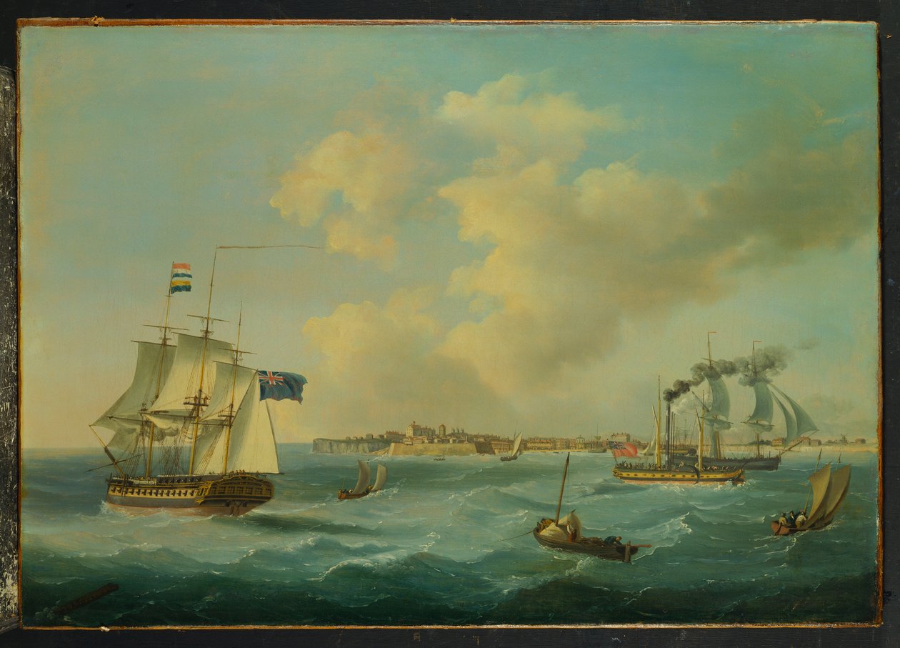 Una fragata de 44 cañones, un vapor de pasajeros y otros barcos frente a St. Peter Port, Guernsey, 1825 de John Thomas Serres