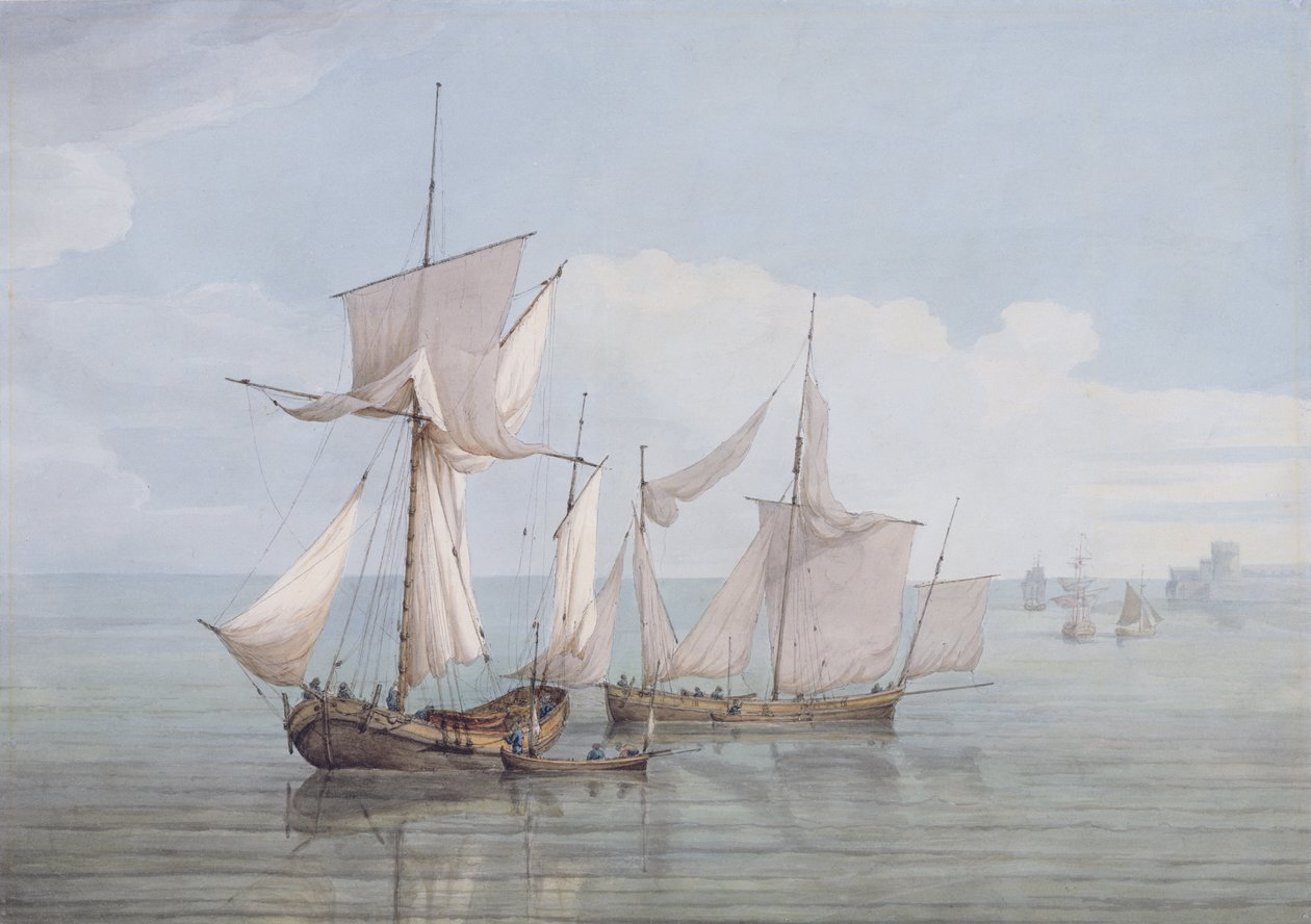 Un Hoy y un Lugger con otros barcos en un mar en calma de John Thomas Serres
