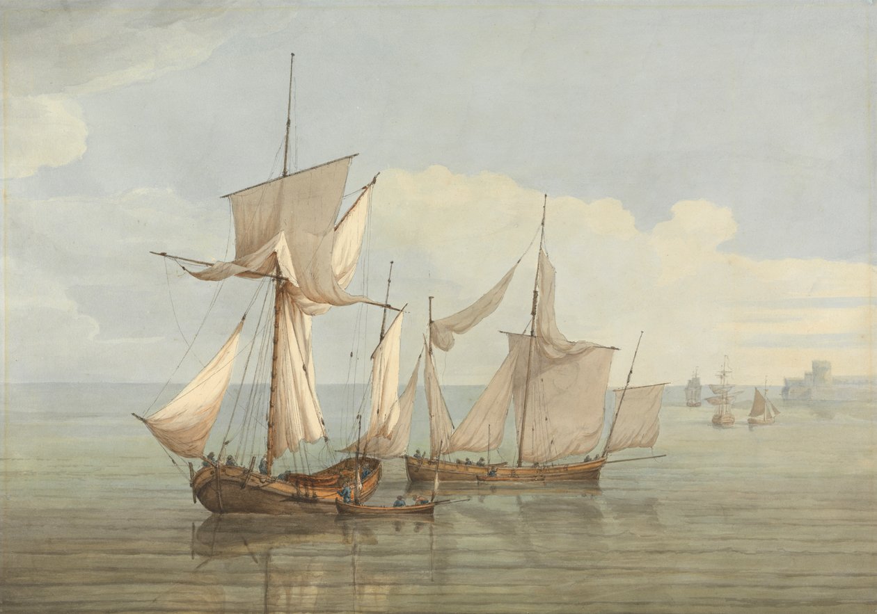Un Hoy y un Lugger con otras embarcaciones en un mar en calma de John Thomas Serres