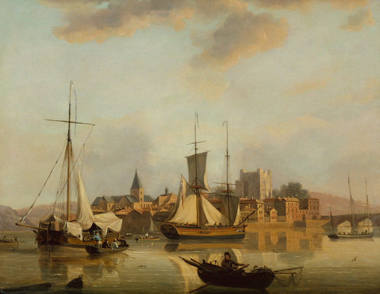 Una vista de Rochester con envío (óleo en panel) de John Thomas Serres