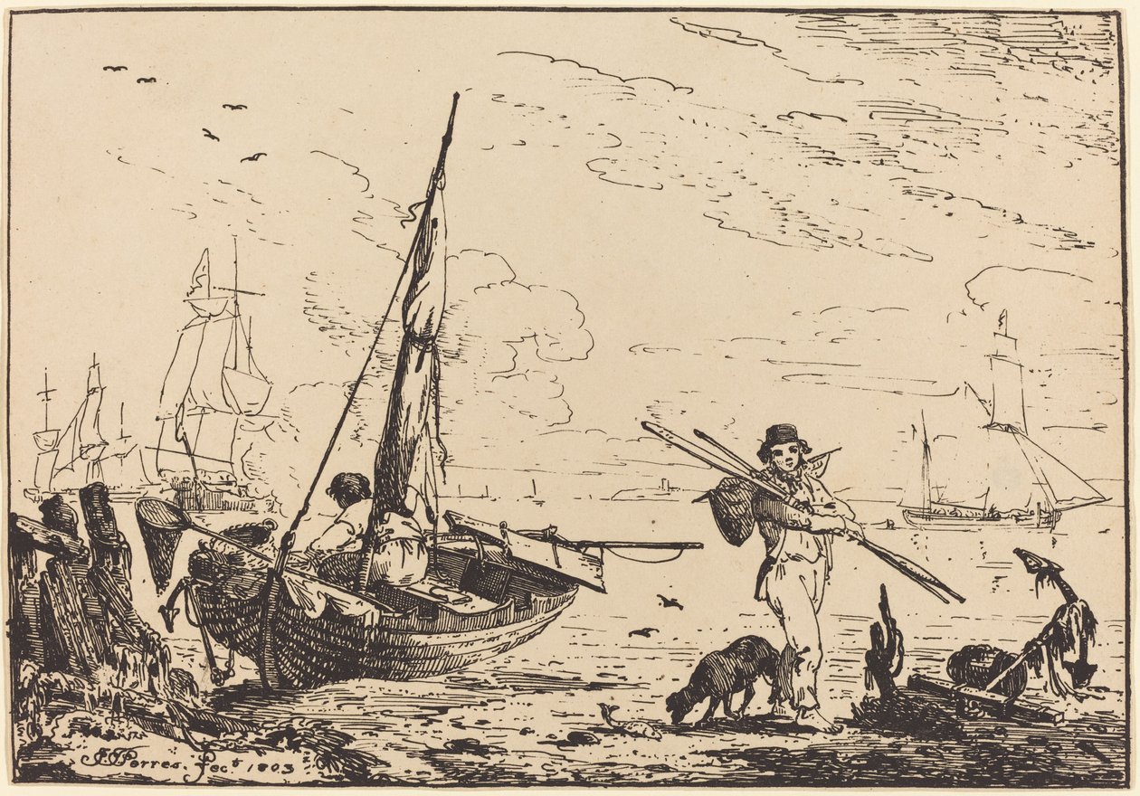 Marina: Barcos de pesca en la orilla, hombre con remos, barco en la distancia de John Thomas Serres