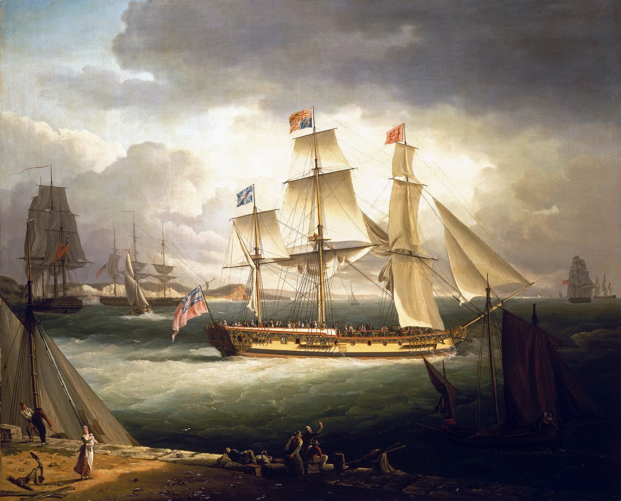 El "Royal Sovereign", un yate real, anclado frente a la costa de un puerto de John Thomas Serres