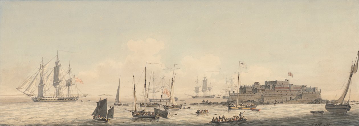 Vista de Castle Cornet, Guernsey, Islas del Canal, con embarcaciones de John Thomas Serres