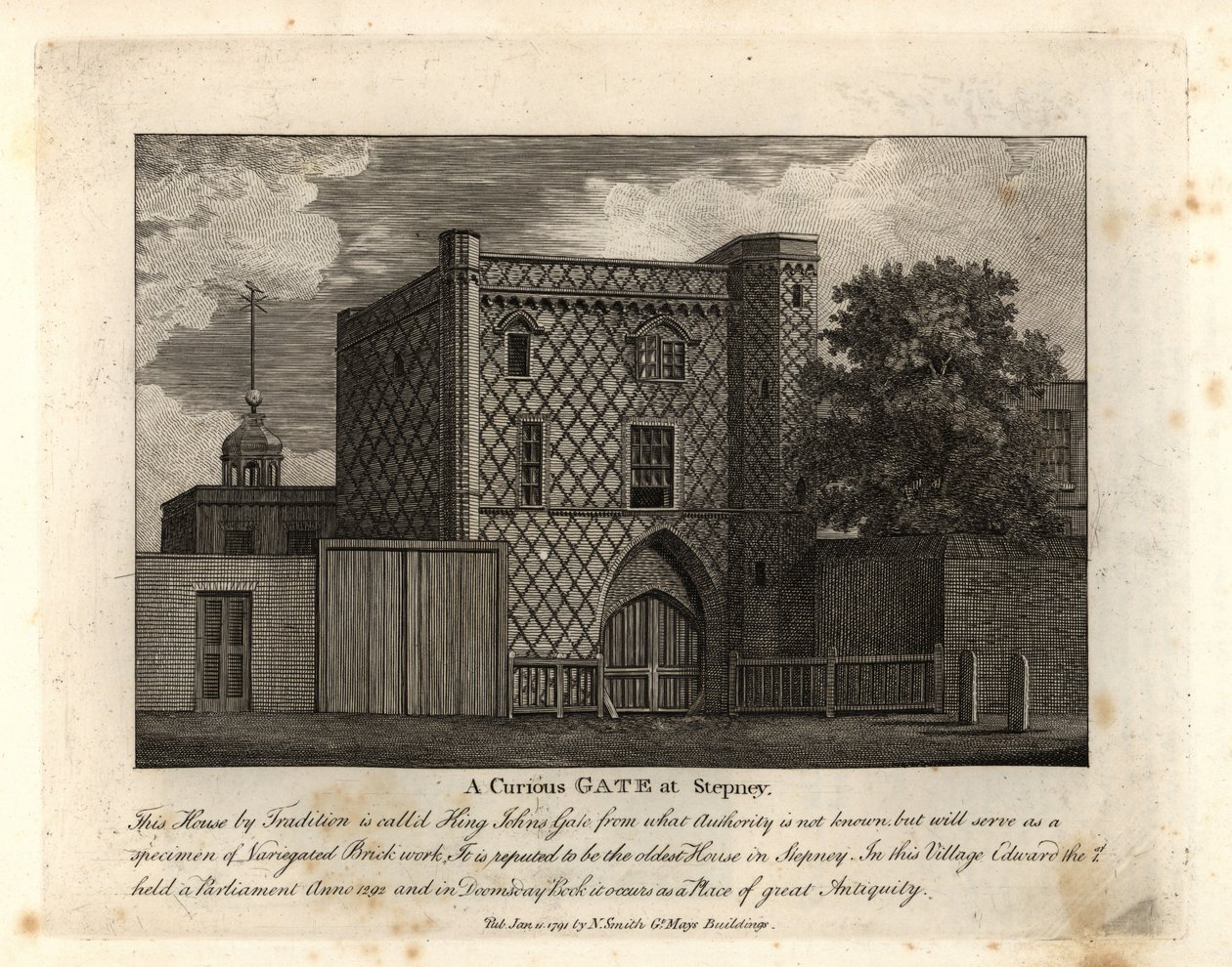 Una puerta curiosa en ladrillo variado llamada Puerta de San Juan, la casa más antigua de Stepney de John Thomas Smith