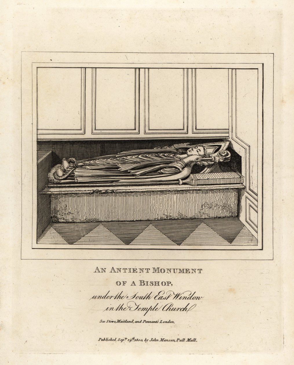Antiguo monumento de un obispo bajo la ventana sureste de la Iglesia del Templo del siglo XII, Londres de John Thomas Smith
