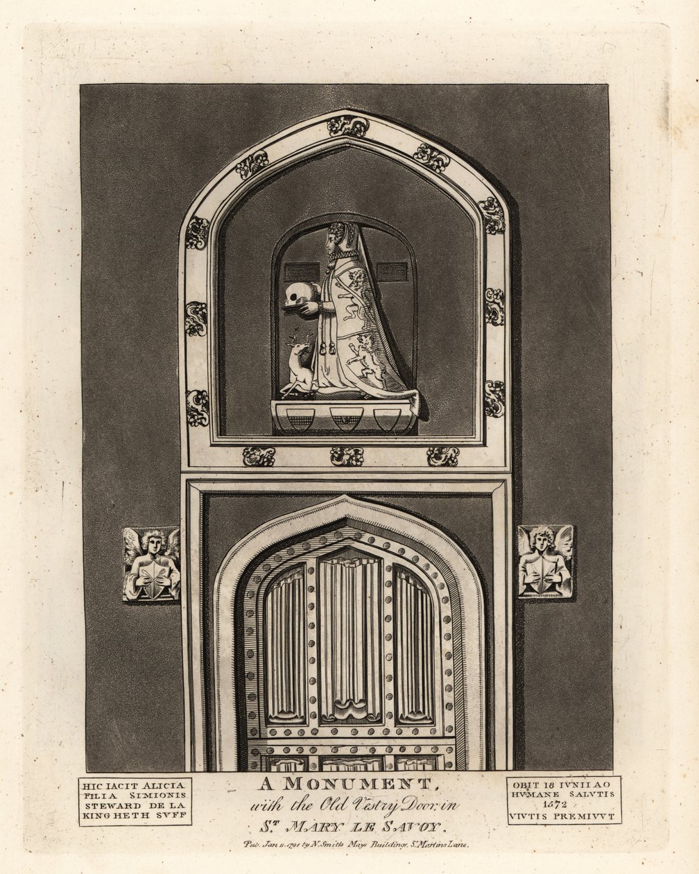 Efigie funeraria de Alicia, hija de Simon Steward, con la Puerta de la Antigua Sacristía en St Mary le Savoy de John Thomas Smith