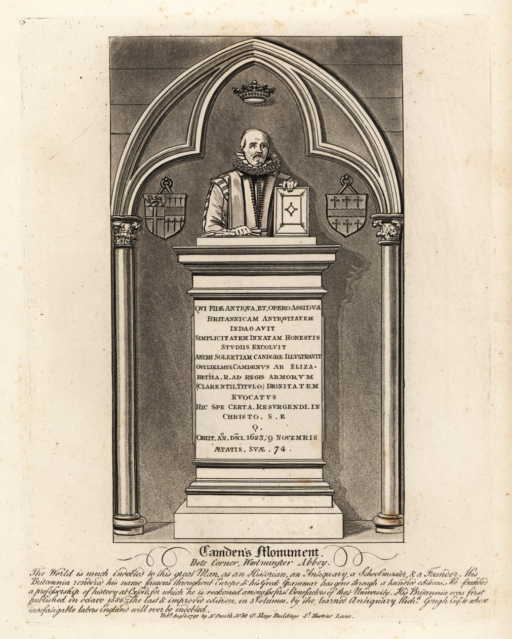 Monumento funerario al anticuario y heraldo isabelino William Camden, fallecido en 1623, en el Rincón de los Poetas, Abadía de Westminster de John Thomas Smith