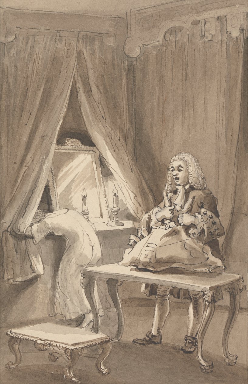 Hogarth, después de que su esposa se pusiera un camisón nuevo, ata sus cosas para enviárselas a Sir James Thornhill con una carta en la que le decía: "Llevó a su hija sin blusón a su A--e". de John Thomas Smith
