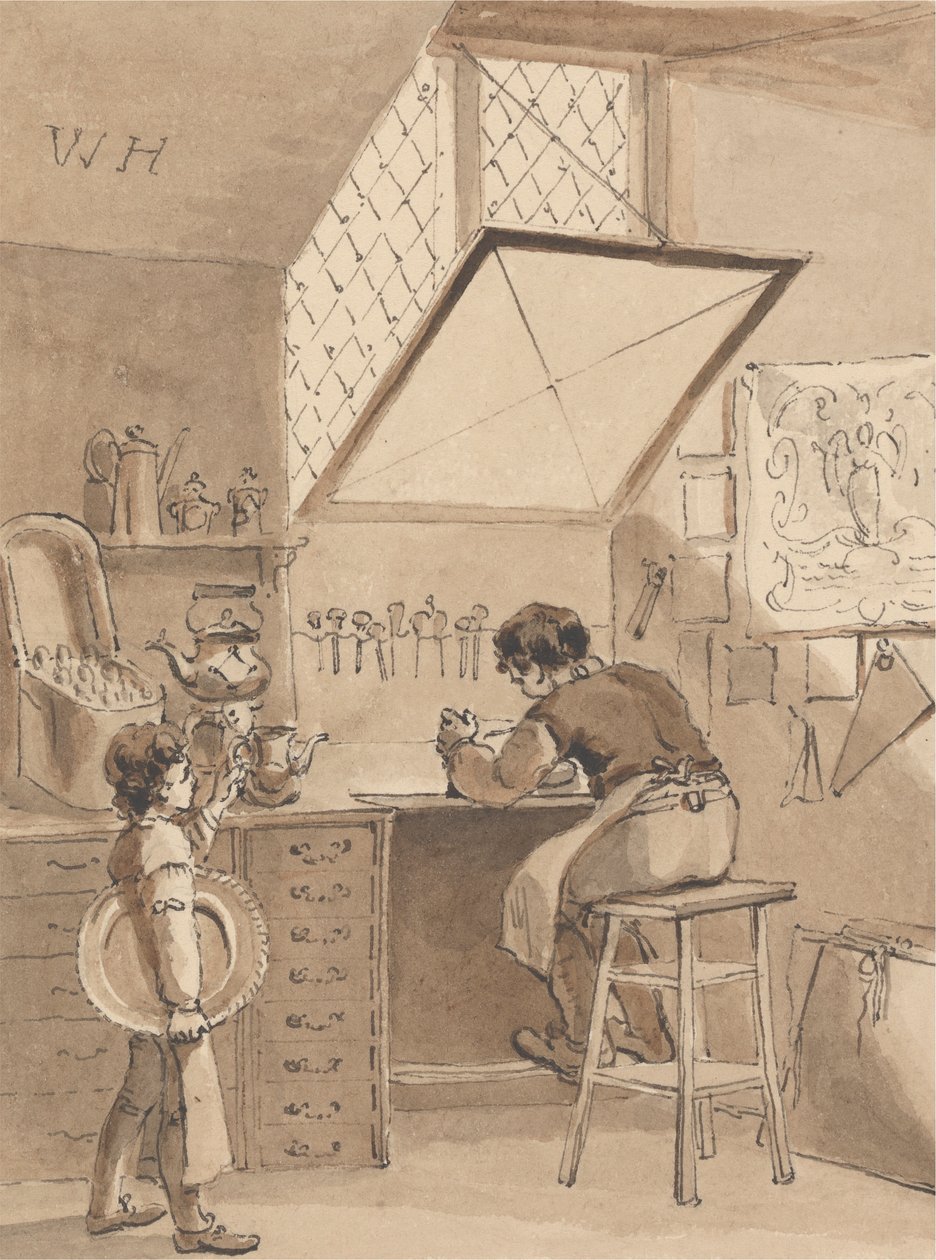 Hogarth grabando la factura de la tienda de su amo el Signo del Ángel de John Thomas Smith