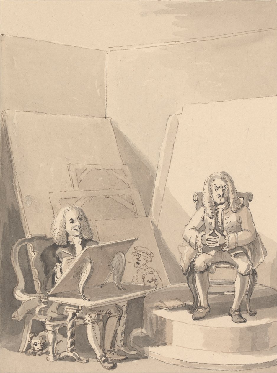 Hogarth haciendo un retrato de H. Fielding, para un librero, a partir de los rasgos de Garrick, quien tomó prestada una de las pelucas del autor para el propósito particular de que no hubiera un retrato genuino de él. de John Thomas Smith