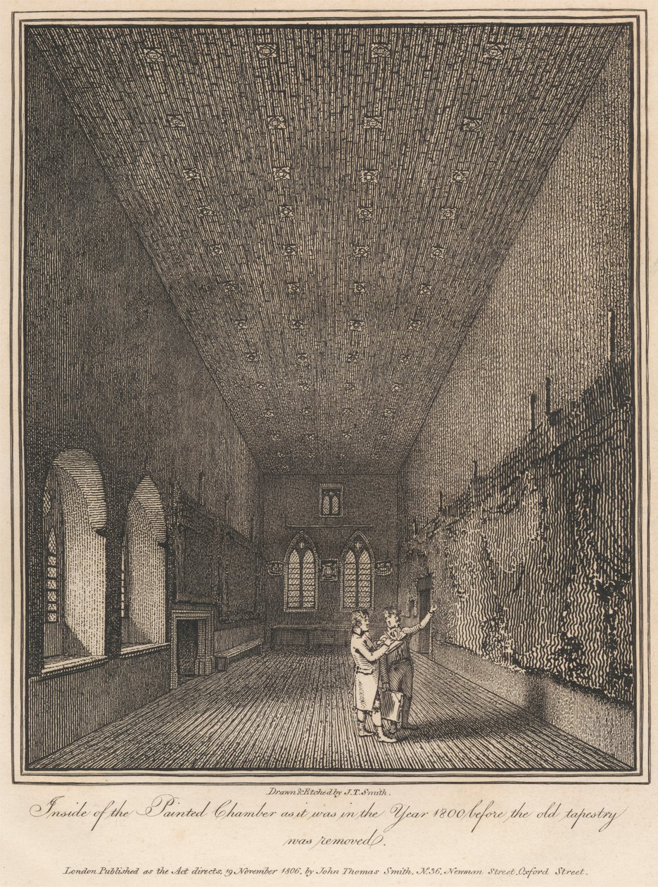 Interior de la Cámara Pintada tal y como era en el año 1800, antes de que se retirara el antiguo tapiz. de John Thomas Smith