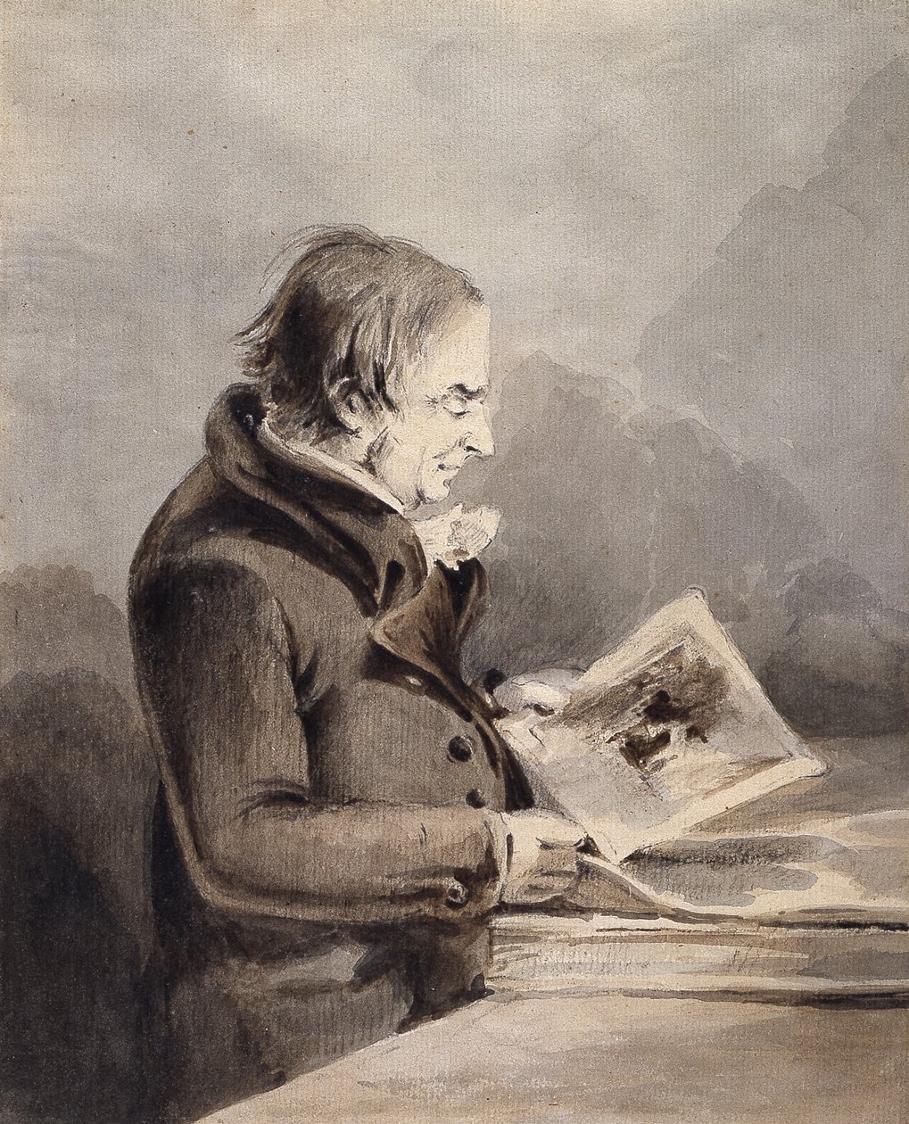 J.M.W. Turner In The British Museum (aguadas de tinta marrón y gris sobre lápiz sobre papel blanco) de John Thomas Smith