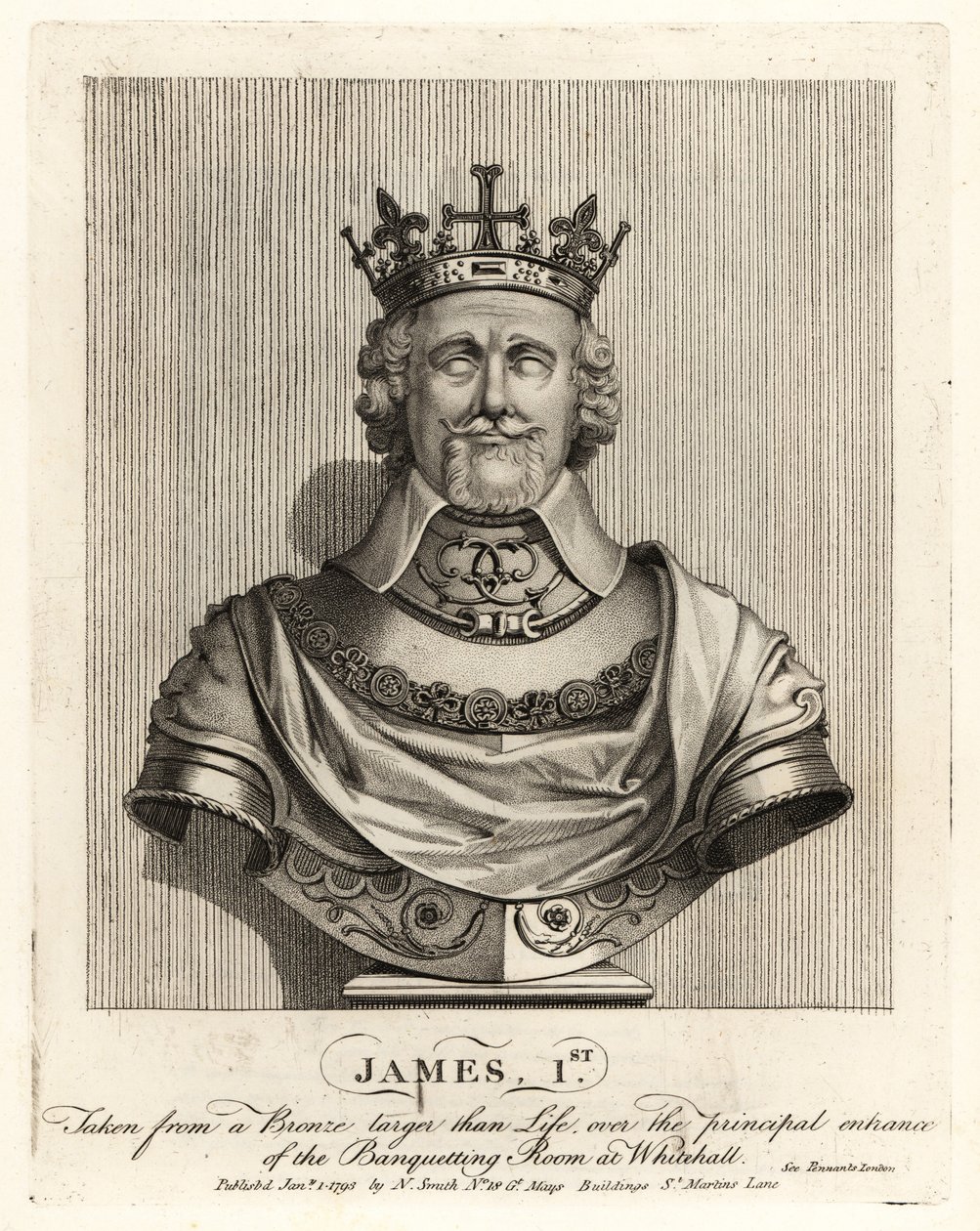 Rey Jacobo I de Inglaterra tomado de un busto de bronce sobre la entrada de la Sala de Banquetes en Whitehall de John Thomas Smith