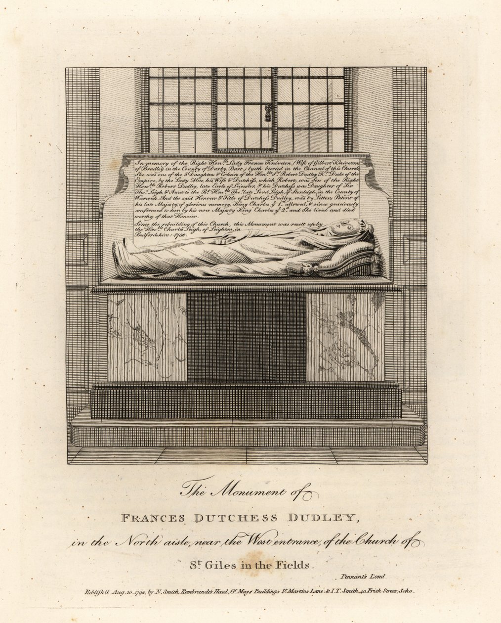 Monumento de Lady Frances Kniveton, Duquesa de Dudley, esposa de Sir Gilbert Kniveton, en la iglesia de St Giles in the Fields de John Thomas Smith