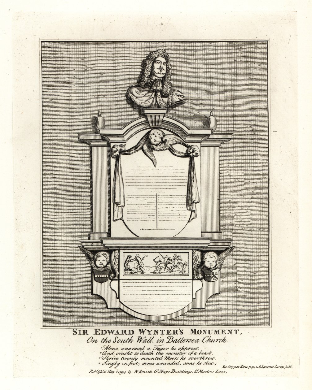 Monumento de Sir Edward Wynter, fallecido en 1685, en la pared sur de la Iglesia de Santa María, Battersea de John Thomas Smith