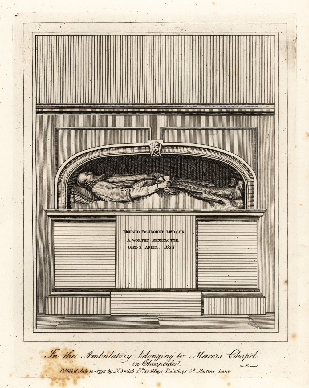 Monumento a Richard Fishbourne Mercer, fallecido en 1625, en el Ambulatorio de la Capilla de los Merceros, Cheapside de John Thomas Smith