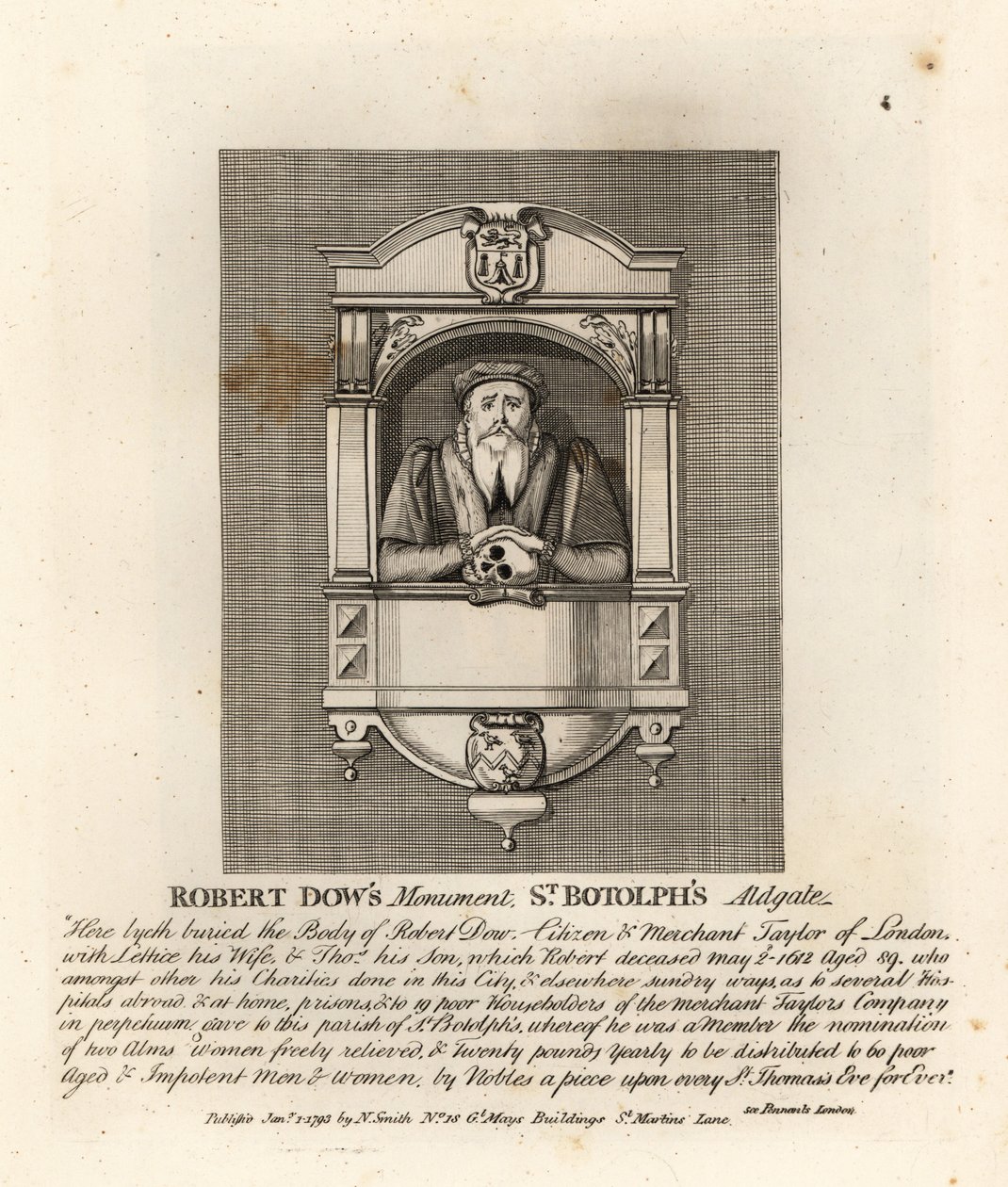 Monumento al comerciante sastre y filántropo Robert Dow en St Botolph, Adgate de John Thomas Smith