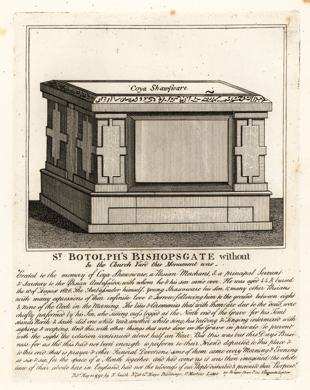 Monumento funerario estilo altar musulmán a Coya Shawsware, o Khwaja Shahsuwar (1582-1626), un comerciante y secretario de Nogdi beg el embajador persa, anteriormente en St Botolphs, Bishopsgate de John Thomas Smith