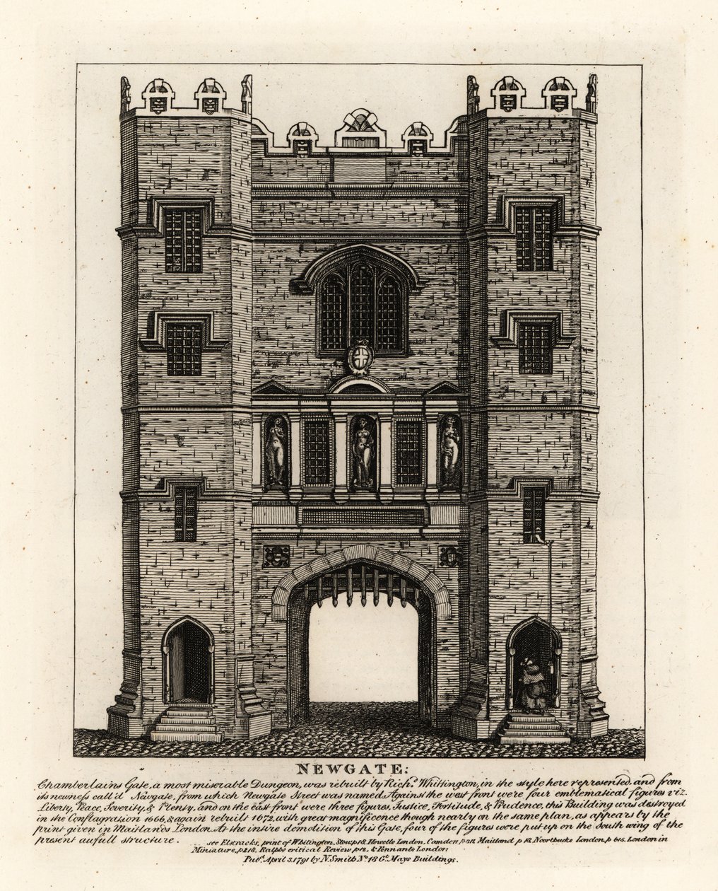 Newgate, reconstruida en 1672 después del Incendio de Londres, con tres figuras Justicia, Fortaleza y Prudencia del antiguo portal construido por el Alcalde de Londres Richard Whittington de John Thomas Smith