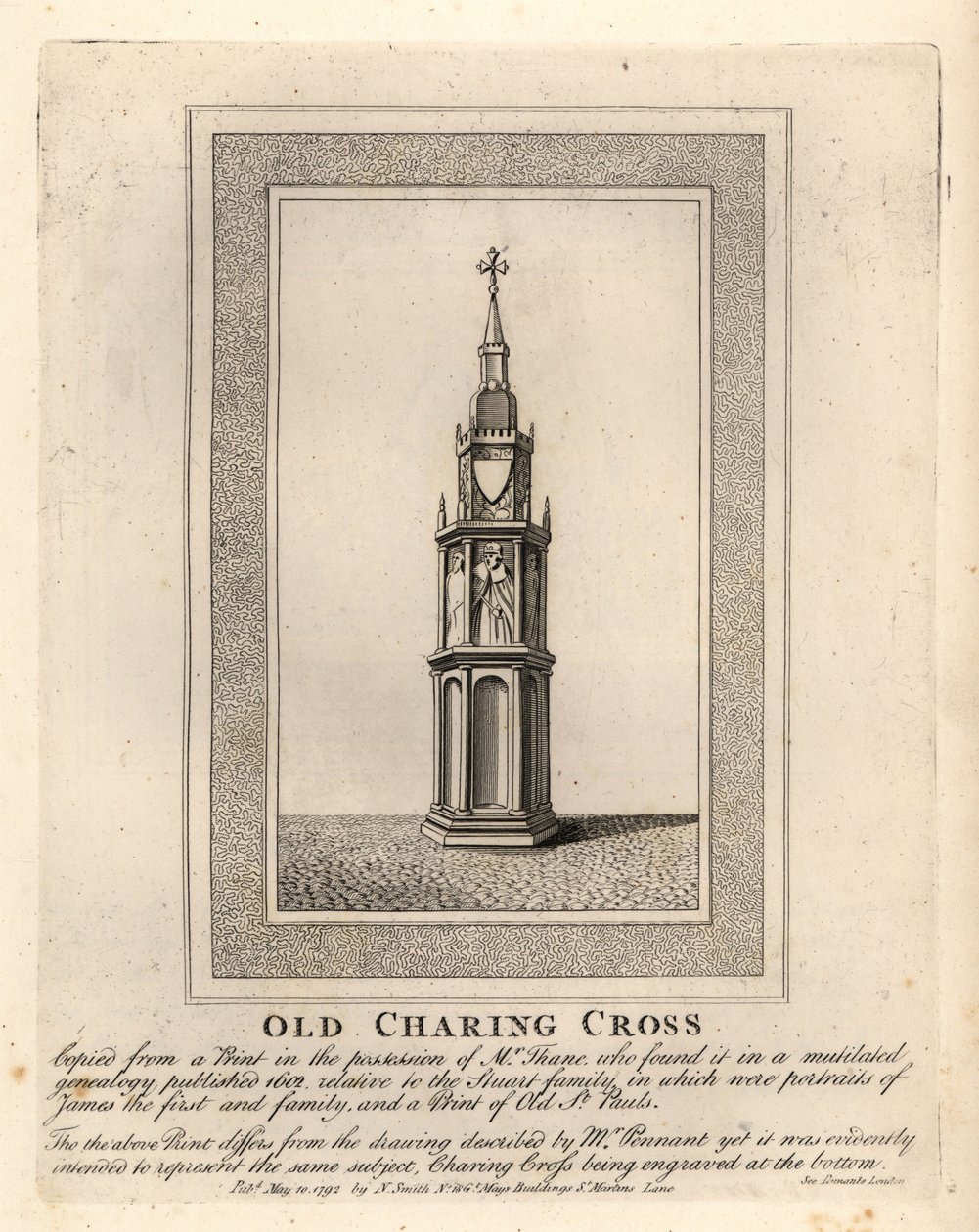 Viejo Charing Cross, una de las 12 cruces medievales de Eleanor, erigida en la década de 1290 hasta su remoción en 1647 de John Thomas Smith