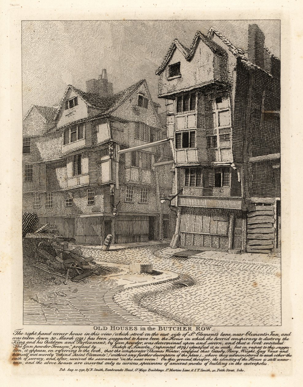 Casas antiguas en Butcher Row, Londres. La casa de la esquina derecha en St Clement