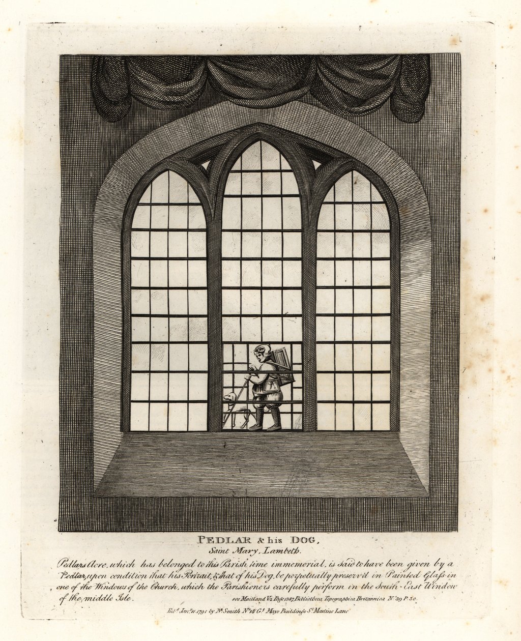 Vendedor ambulante y su perro en la vidriera de la iglesia de Saint Mary-at-Lambeth de John Thomas Smith