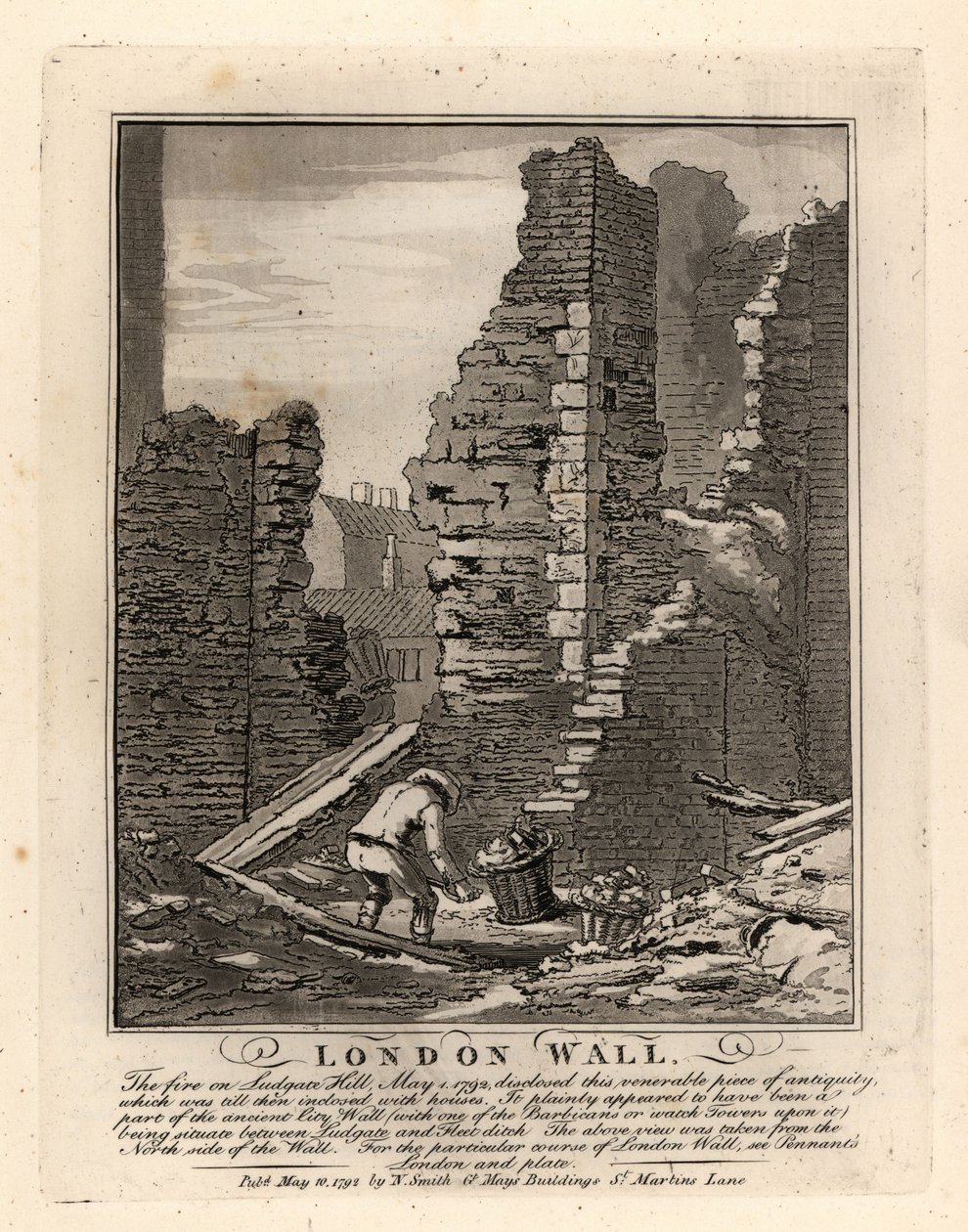 Ruinas del Muro Romano de Londres expuestas por el incendio de mayo de 1792 en Ludgate Hill de John Thomas Smith