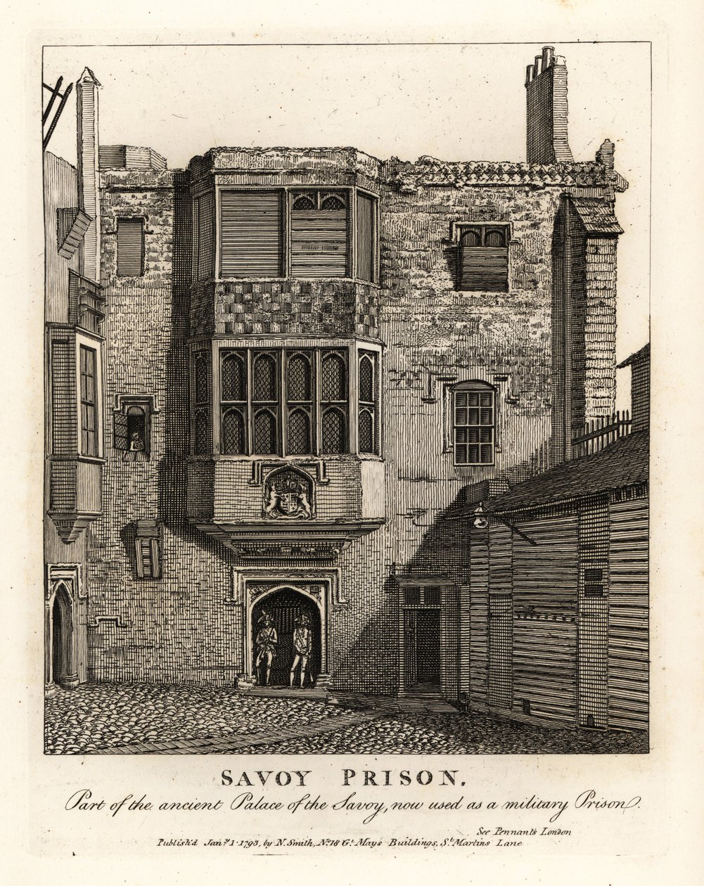 Prisión de Savoy, parte del antiguo Palacio de Savoy, utilizada como prisión militar en el siglo XVIII de John Thomas Smith