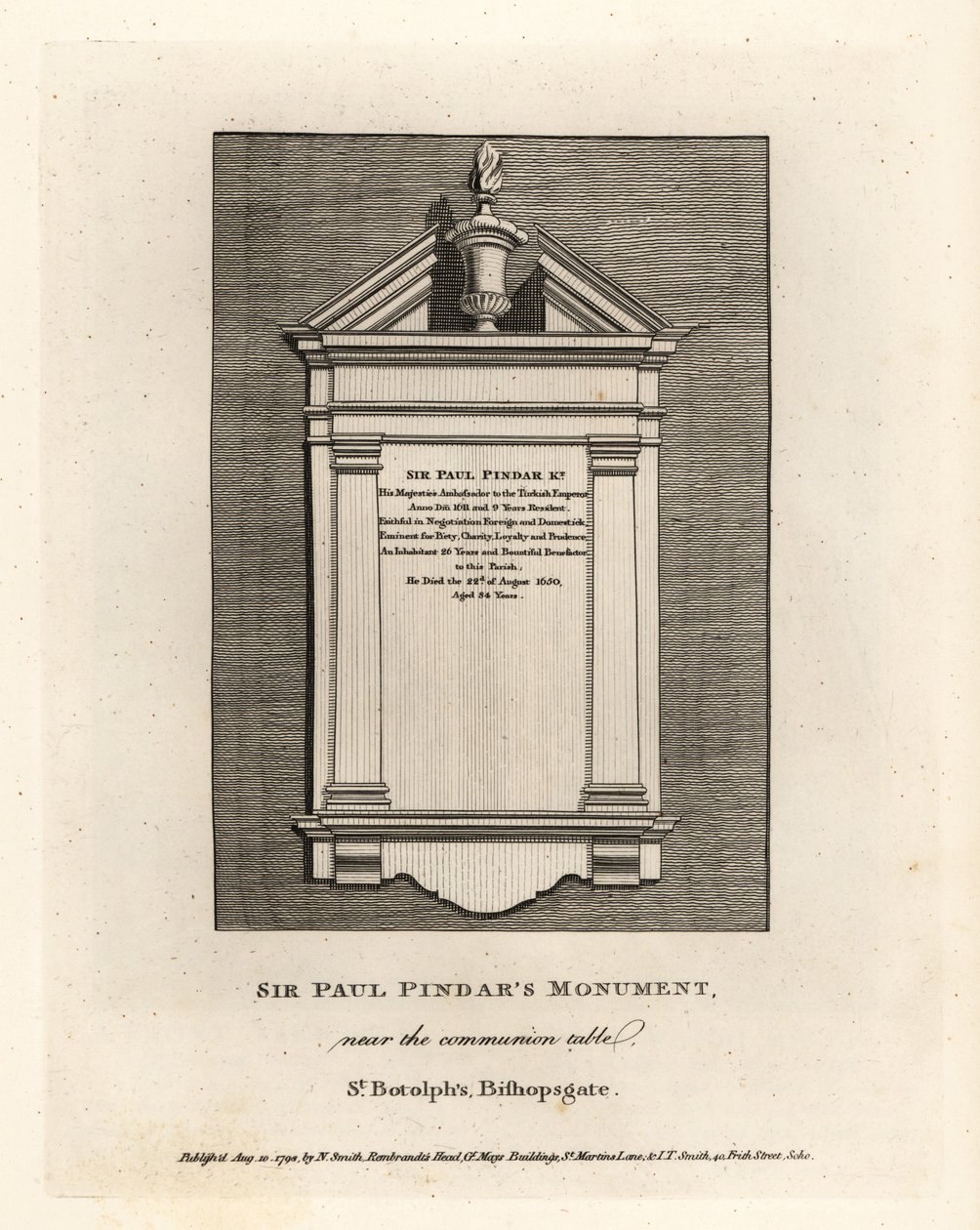 Monumento de Sir Paul Pindar cerca de la mesa de comunión en St Botolph, Bishopsgate de John Thomas Smith