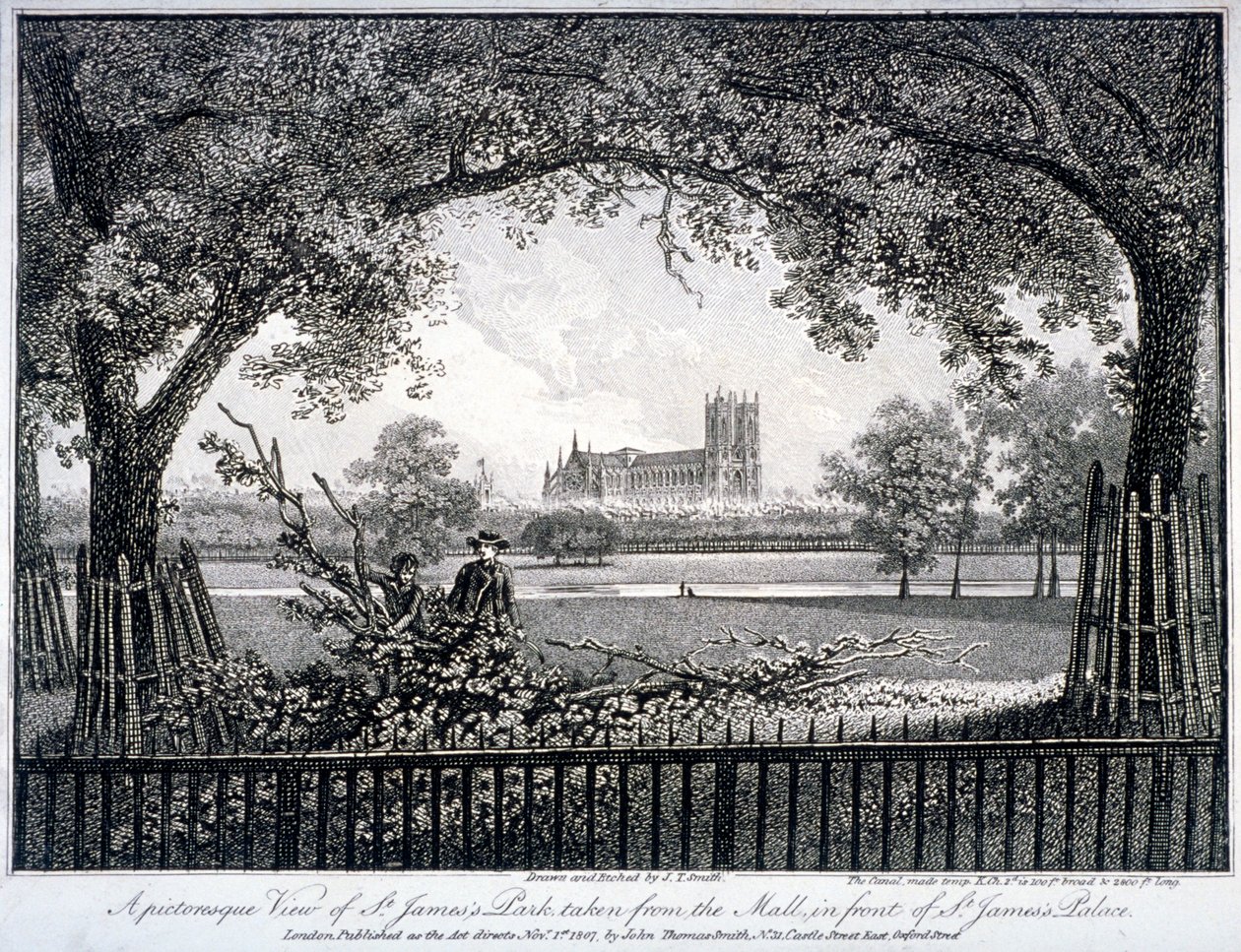 St James Park, desde el Mall frente al Palacio de St James, Westminster, Londres, 1807 de John Thomas Smith