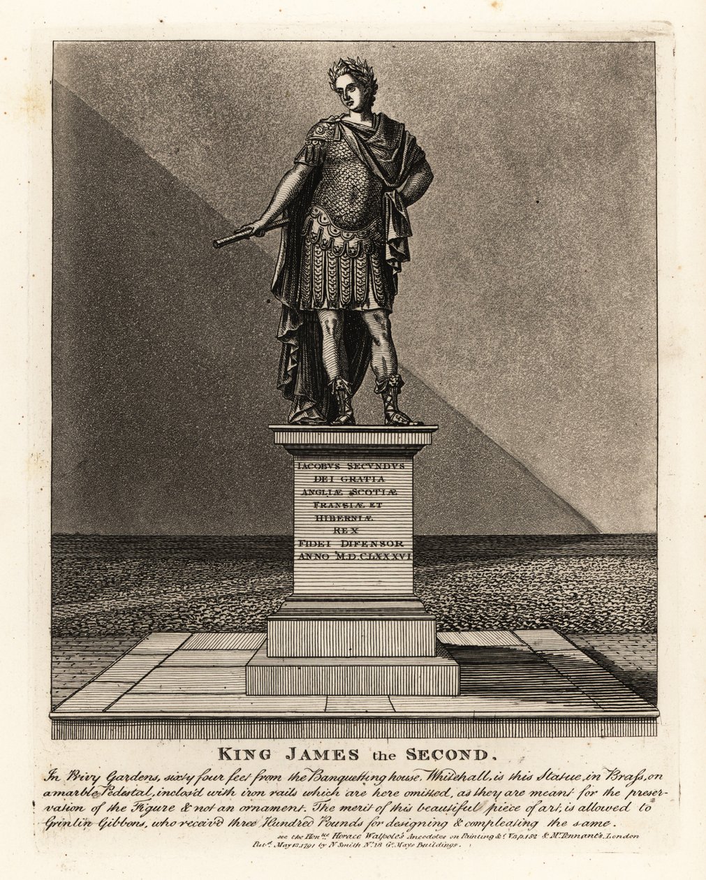 Estatua del Rey Jacobo II de Inglaterra con traje de emperador romano, Jacobus Seundus, diseñada por Grinlin Gibbons, en los Jardines Privados de John Thomas Smith