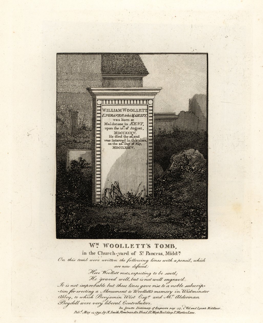 Tumba del grabador real William Woollett, fallecido en 1735, en el cementerio de St Pancras, Middlesex de John Thomas Smith