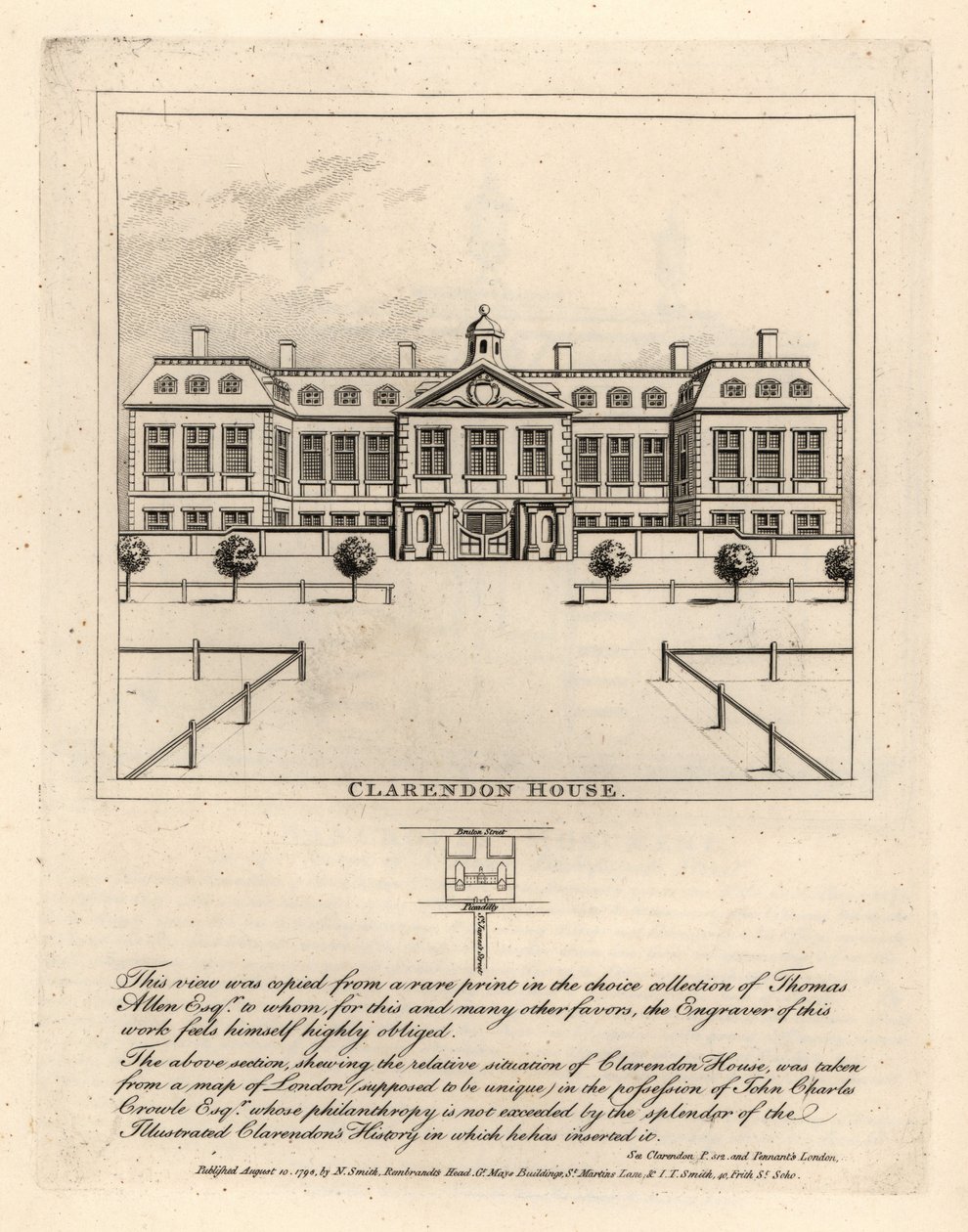 Vista de Clarendon House desde la calle St James, de una rara impresión en la colección de Thomas Allen de John Thomas Smith