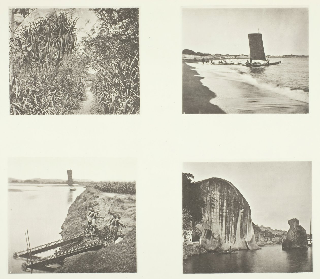 Un camino rural cerca de Taiwanfu, un catamarán, bombas de cadena, inscripciones en rocas, Amoy, c. 1868 de John Thomson