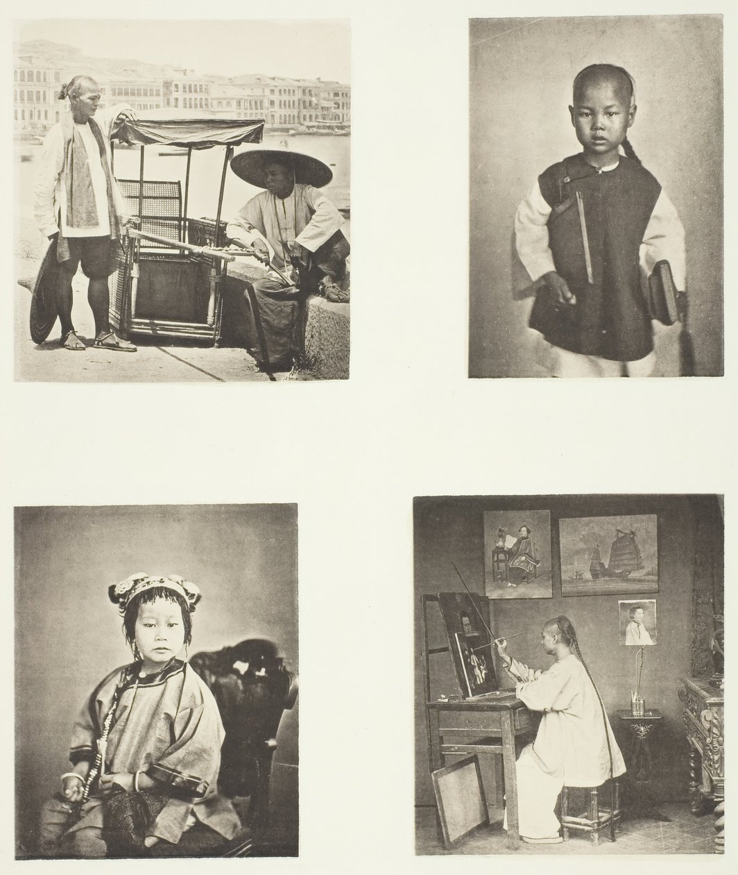 Una silla de manos de Hong Kong, un escolar chino, una niña china, un artista de Hong Kong, c. 1868 de John Thomson