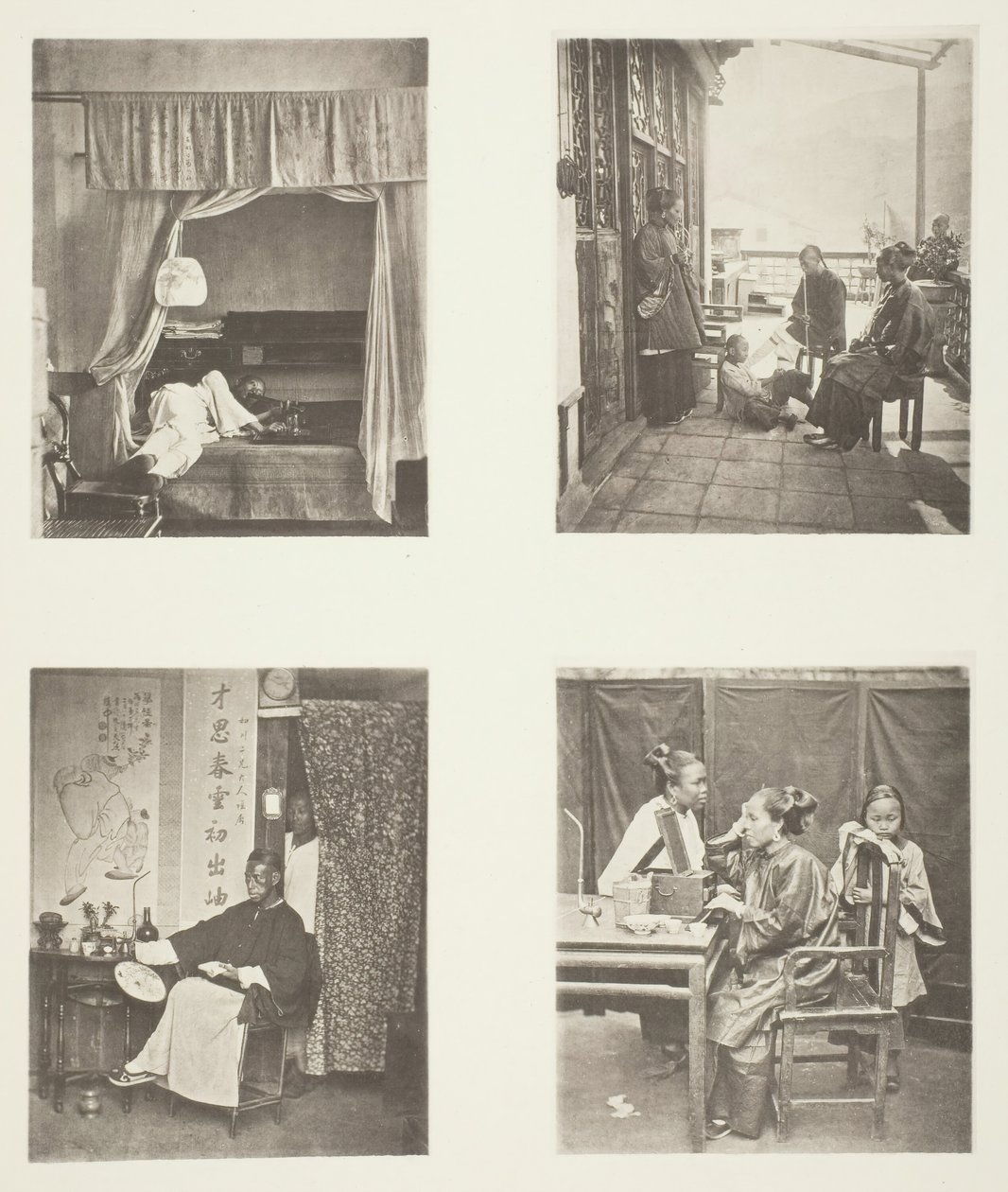Una bocanada de la pipa de opio en casa, después de la cena, leyendo para honores, el tocador, c. 1868 de John Thomson