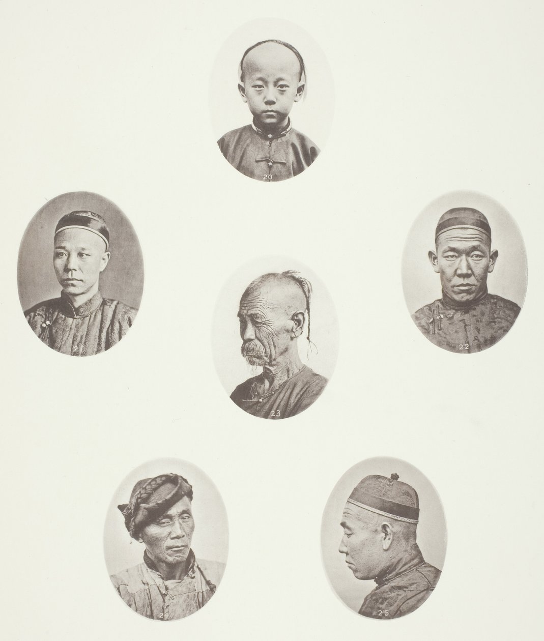Niño cantonés; Comerciante cantonés; Cabeza masculina mongola; Una cabeza venerable; Un trabajador; Cabeza masculina mongola de John Thomson