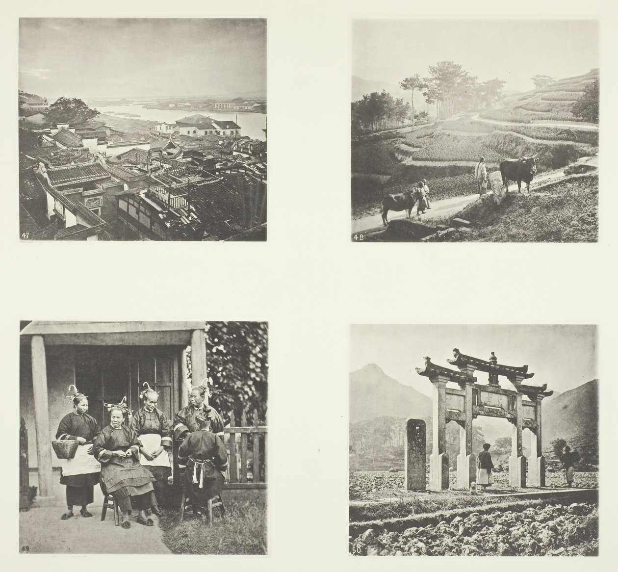 Parte del asentamiento extranjero de Foochow, terrazas en colinas, mujeres en el campo de Foochow, un arco memorial, c. 1868 de John Thomson