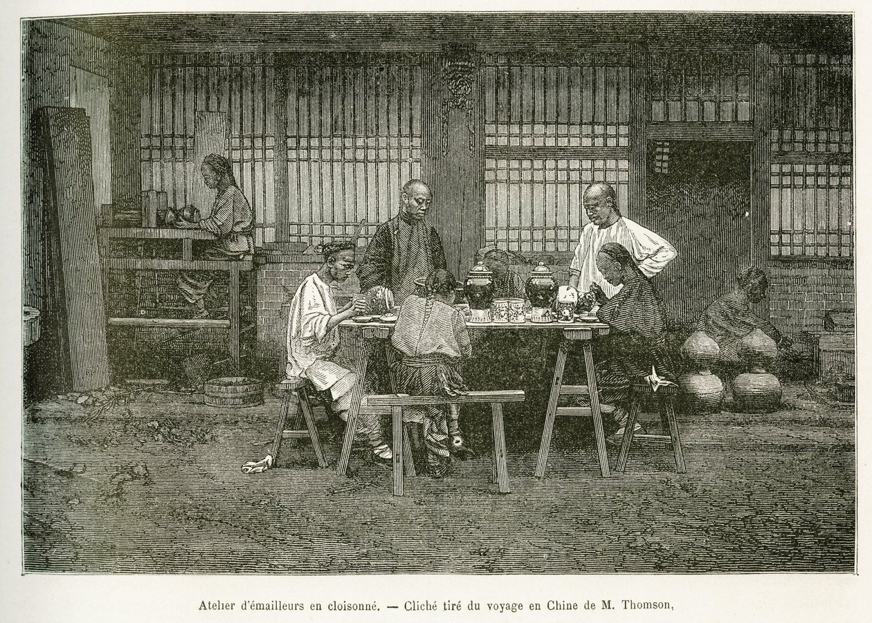 Los artesanos de un taller de cloisonné en Pekín. Grabado según una fotografía de M.Thomson para ilustrar el viaje a Pekín y el norte de China, por T.Chutze, en 1873, publicado en 