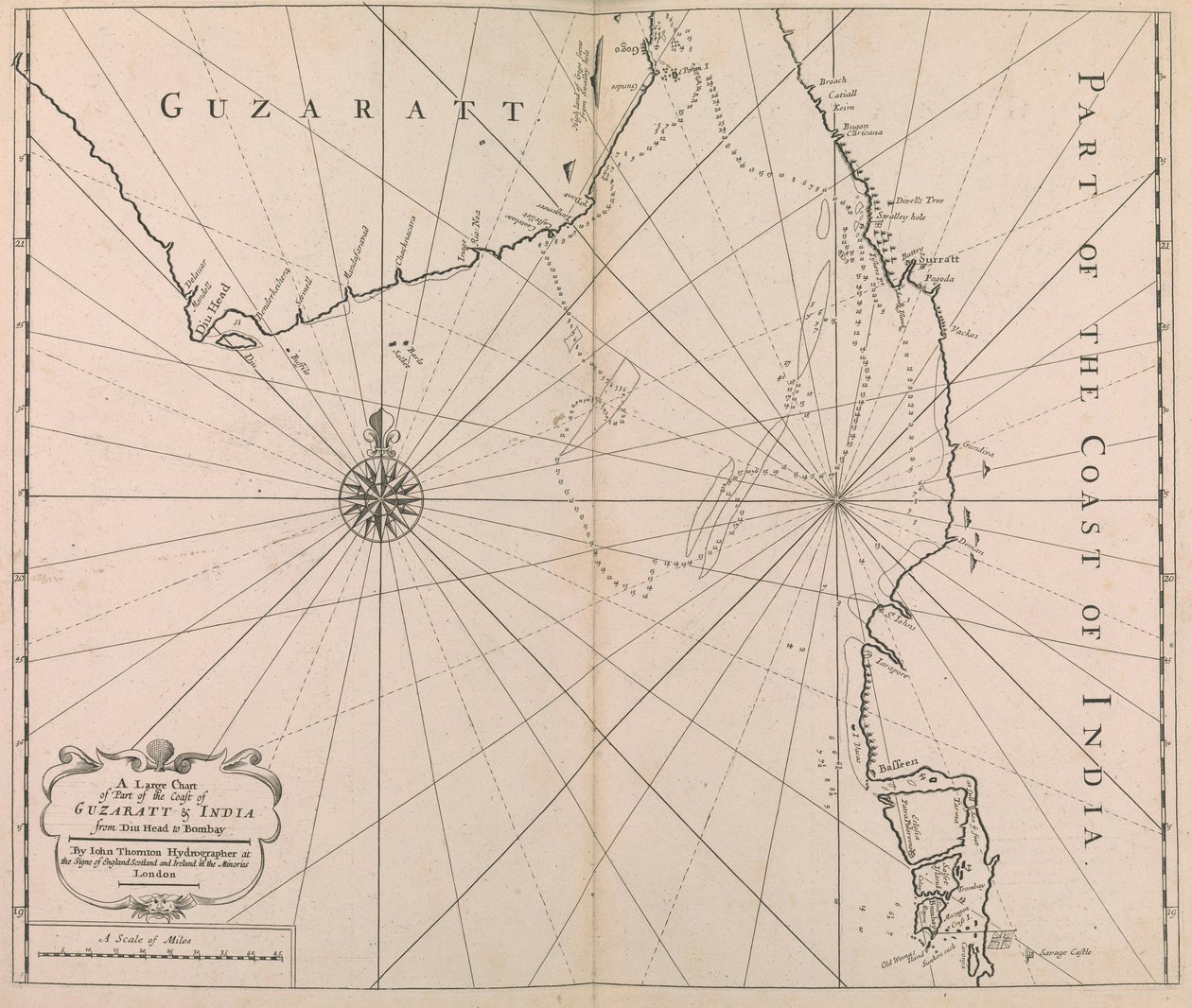 Carta Grande de Parte de la Costa de GUZARATT  INDIA desde Diu Head hasta Bombay. (imprimir) de John Thornton