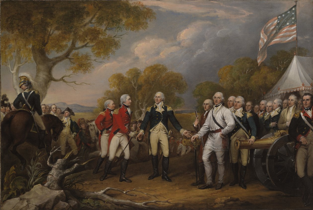 Batalla de Saratoga, el general británico John Burgoyne rindiéndose al general estadounidense Horatio Gates, 17 de octubre de 1777, c.1822-32 de John Trumbull