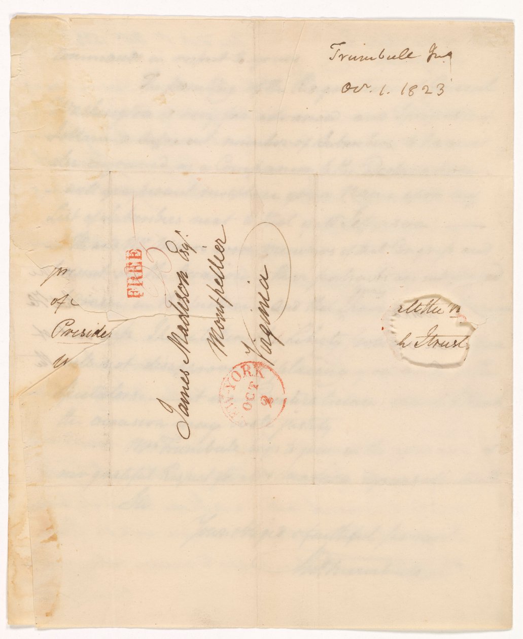 Carta de John Trumbull (1756-1843) al presidente Madison con fecha del 1 de octubre de 1823 de John Trumbull