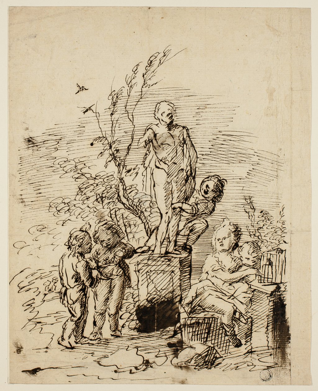 Niños jugando cerca de una estatua en el jardín de John Vanderbank