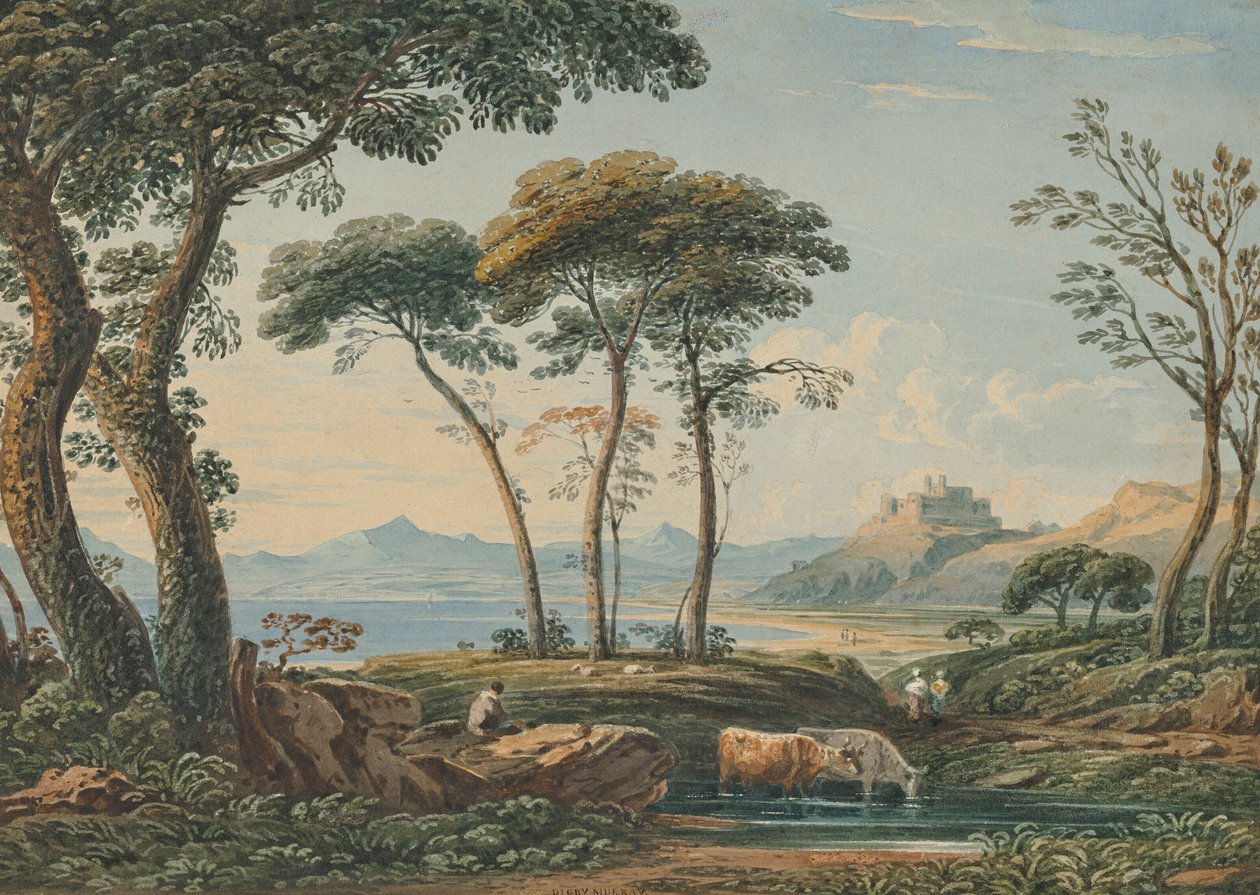 Vista lejana del castillo de Harlech y Snowdon, en el norte de Gales. de John Varley