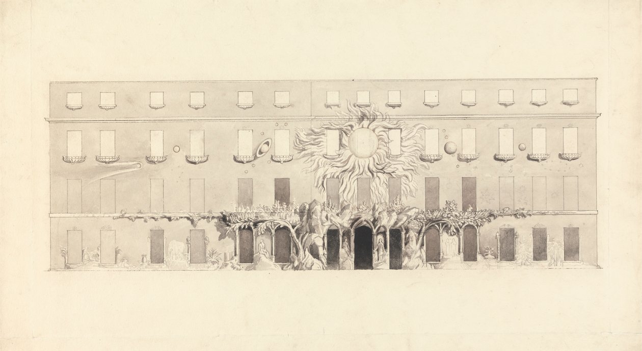 Dibujo arquitectónico de un edificio con símbolos astrológicos de John Varley