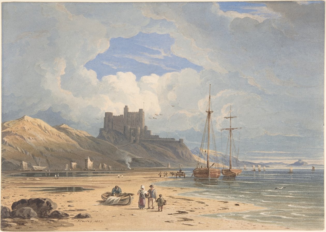 El castillo de Bamborough desde el noreste, con Holy Island a lo lejos, Northumberland de John Varley